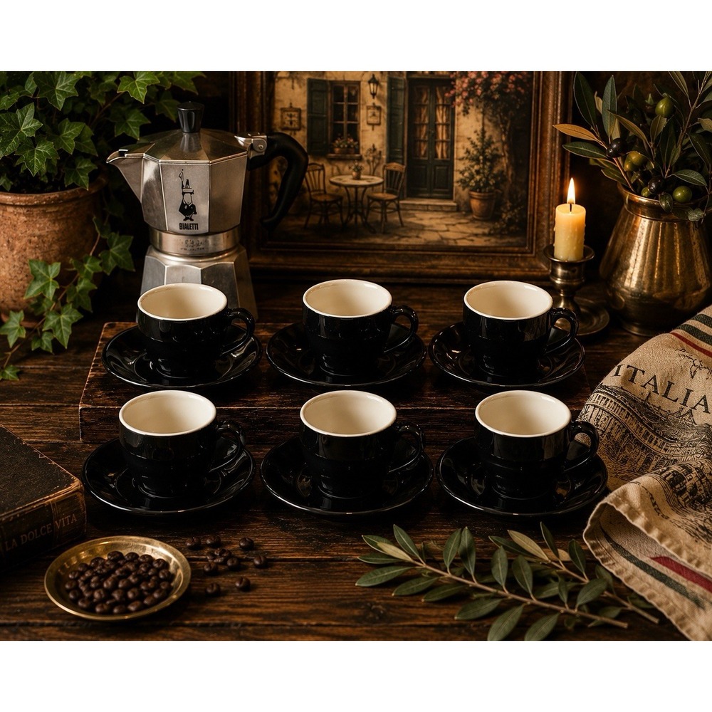 Crate & Barrel Black White Porcelain Demitasse Cups & Saucers Set of 6